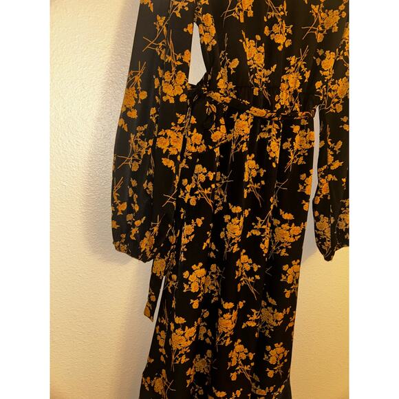 C+D+M Boho Preppy Professional Old Money Black & Gold Floral Wrap Dress - Picture 12 of 14